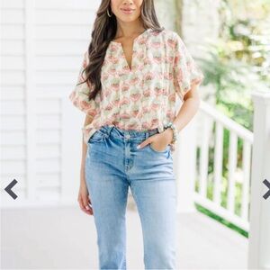 entro Plus Size 1X Top Dreaming In Detail Cream White Printed‎ Blouse Floral